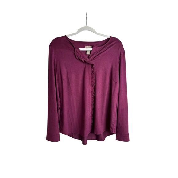 Chico’s Plum Purple Faux Suede Ruffle Button Shirt Long Sleeve Top Size 1 Medium - Picture 1 of 9